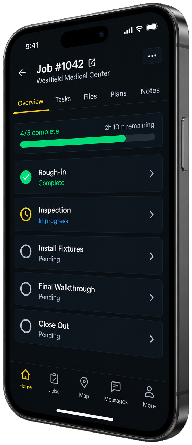 TradeGiant mobile app showing job #1042 task overview, with rough-in complete, inspection in progress, and remaining tasks pending